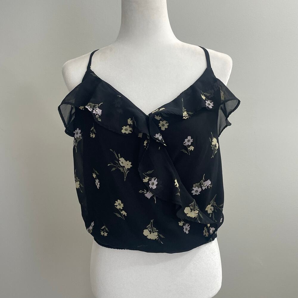 Hollister Women’s Black Floral Ruffle Crop Top Fairycore-Coquette Y2K Sz Medium